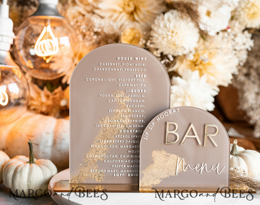 TISCHDEKORATIONSCHILDER   Acryl Tischdekoration Zahlen Acrylbogen Cappuccino Bar Menü, Klare Acryl- und Gold-Bar-Menü, Nude Taupe Gold Plexi Getränkebar-Menü, Tan Luxus Hochzeits-Getränkebar Tischdekoration, Erdige Hochzeitsbeschilderung Goldener Spiegel Bar Menü