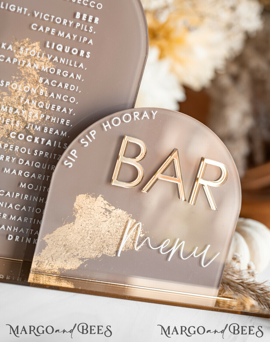 TISCHDEKORATIONSCHILDER   Acryl Tischdekoration Zahlen Acrylbogen Cappuccino Bar Menü, Klare Acryl- und Gold-Bar-Menü, Nude Taupe Gold Plexi Getränkebar-Menü, Tan Luxus Hochzeits-Getränkebar Tischdekoration, Erdige Hochzeitsbeschilderung Goldener Spiegel Bar Menü
