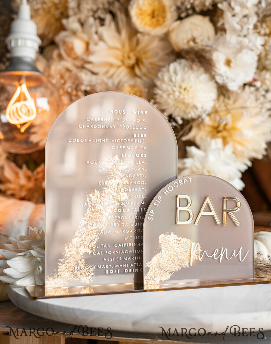 TISCHDEKORATIONSCHILDER   Acryl Tischdekoration Zahlen Acrylbogen Cappuccino Bar Menü, Klare Acryl- und Gold-Bar-Menü, Nude Taupe Gold Plexi Getränkebar-Menü, Tan Luxus Hochzeits-Getränkebar Tischdekoration, Erdige Hochzeitsbeschilderung Goldener Spiegel Bar Menü