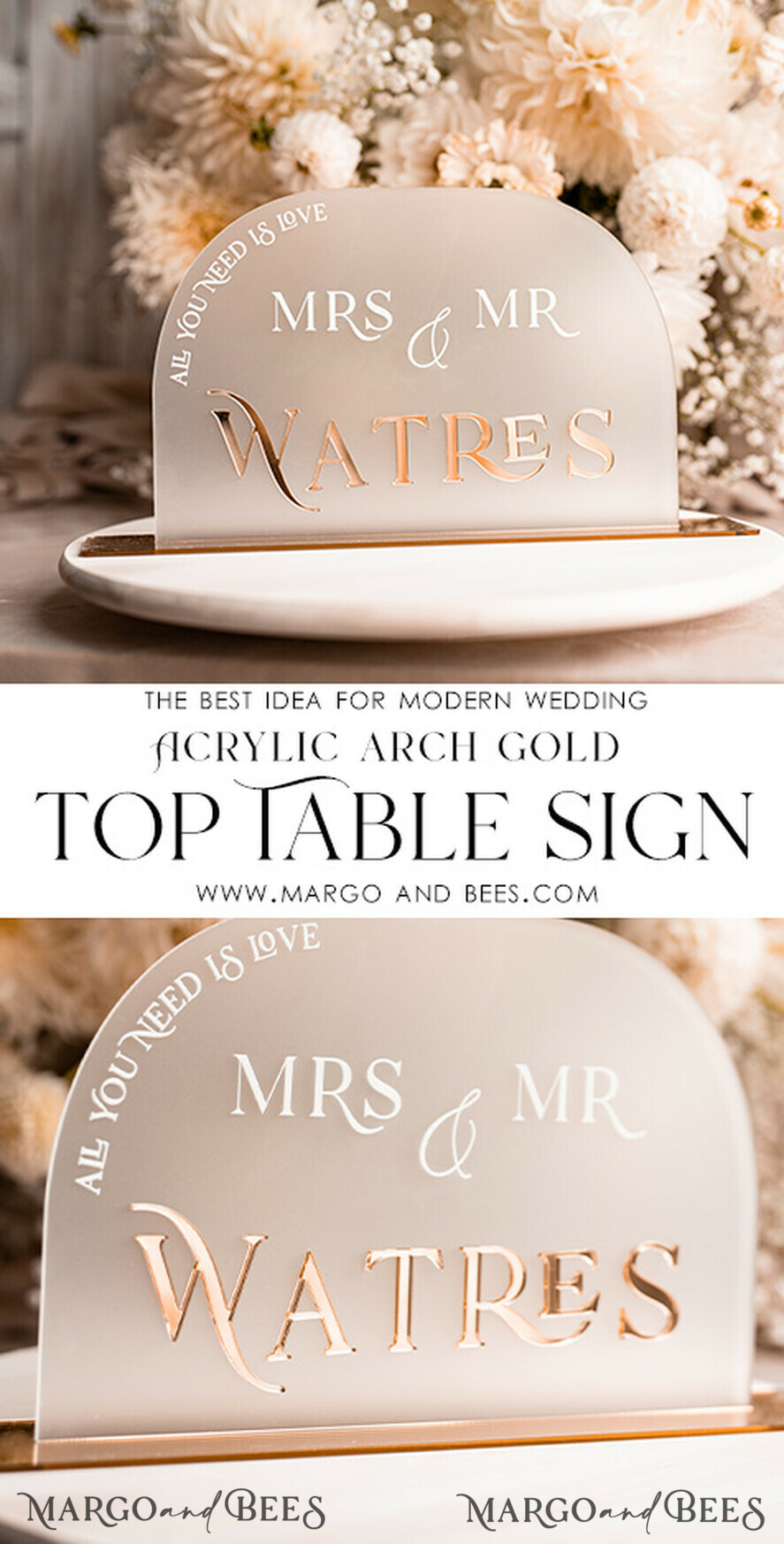 TISCHDEKORATIONSCHILDER   Acryl Tischdekoration Zahlen Acrylbogen gefrorenes Tischschild, weiße und goldene Tischschilder, goldenes 3D-Tischschild, elegante luxuriöse Hochzeitsdeko für Mr & Mrs, Glam Hochzeitsbeschilderung.