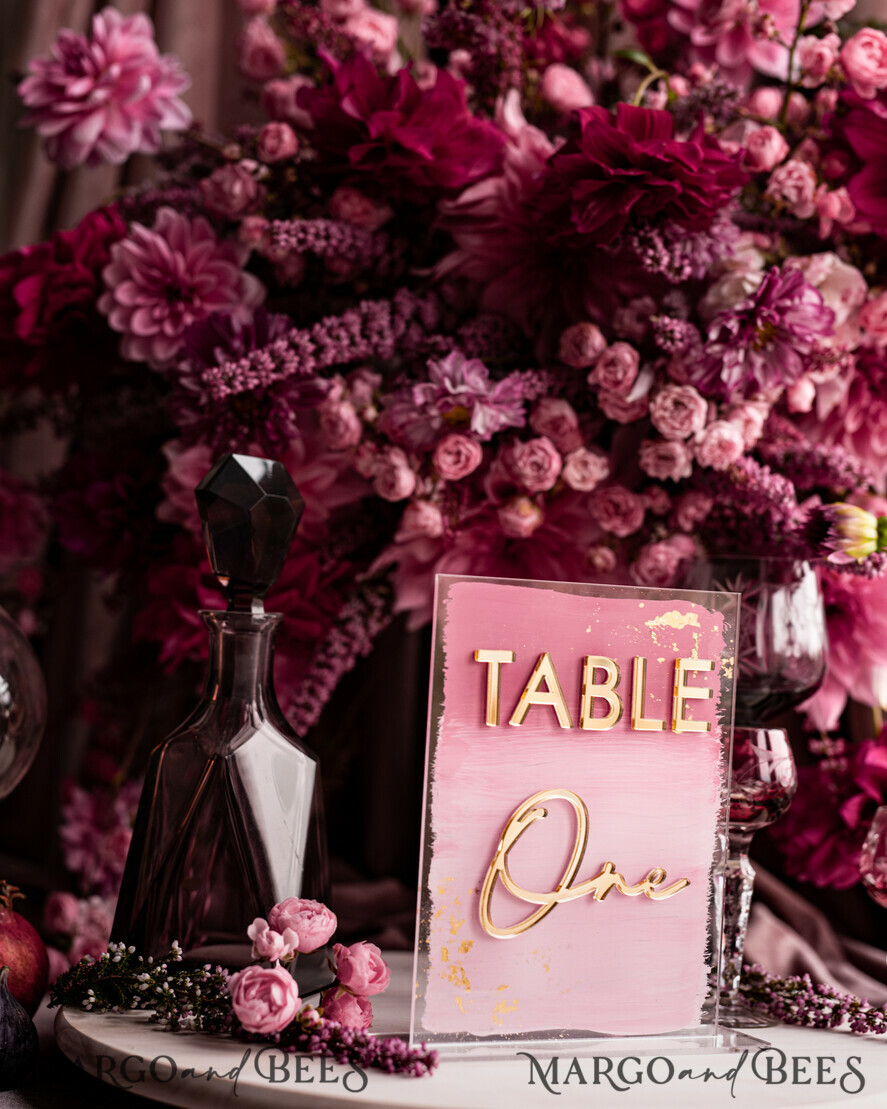 TISCHDEKORATIONSCHILDER   Acryl Tischdekoration Zahlen Blassrosa Ombre Mauve Acryl Tischnummern, Staubige Rose Acryl & goldenes Schild, Goldene Pflaume Plexi Tischnummern, Luxuriöse lila Hochzeits Tischdekoration, Hochzeit Beschilderung