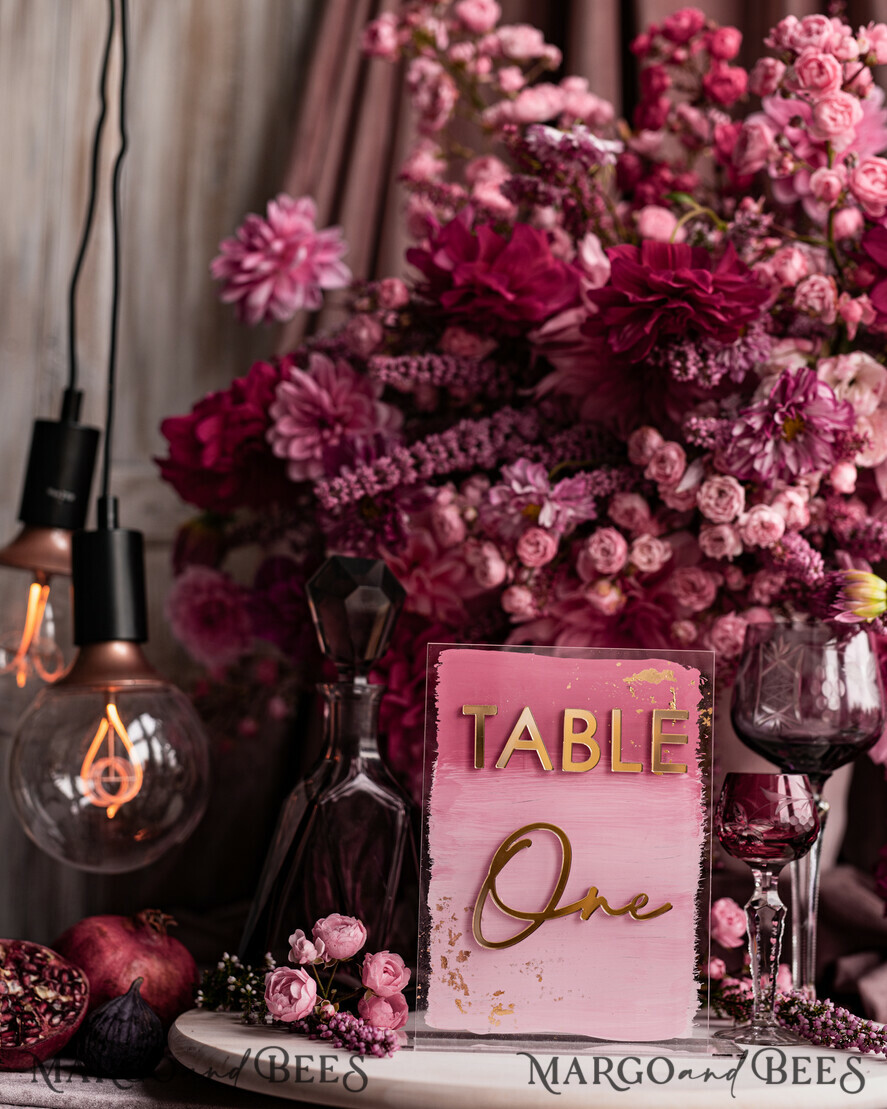 TISCHDEKORATIONSCHILDER   Acryl Tischdekoration Zahlen Blassrosa Ombre Mauve Acryl Tischnummern, Staubige Rose Acryl & goldenes Schild, Goldene Pflaume Plexi Tischnummern, Luxuriöse lila Hochzeits Tischdekoration, Hochzeit Beschilderung