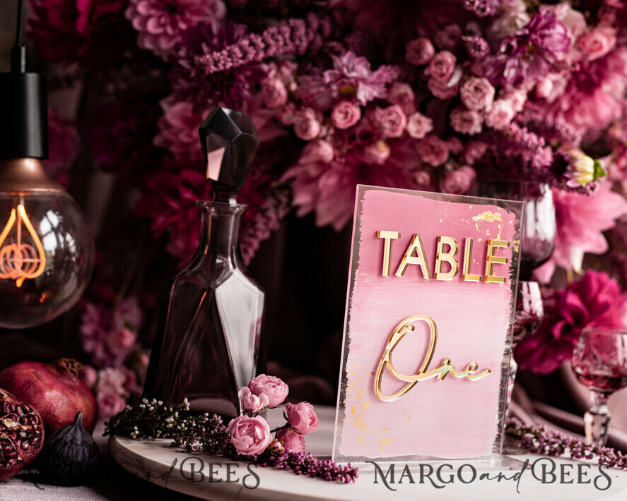 TISCHDEKORATIONSCHILDER   Acryl Tischdekoration Zahlen Blassrosa Ombre Mauve Acryl Tischnummern, Staubige Rose Acryl & goldenes Schild, Goldene Pflaume Plexi Tischnummern, Luxuriöse lila Hochzeits Tischdekoration, Hochzeit Beschilderung