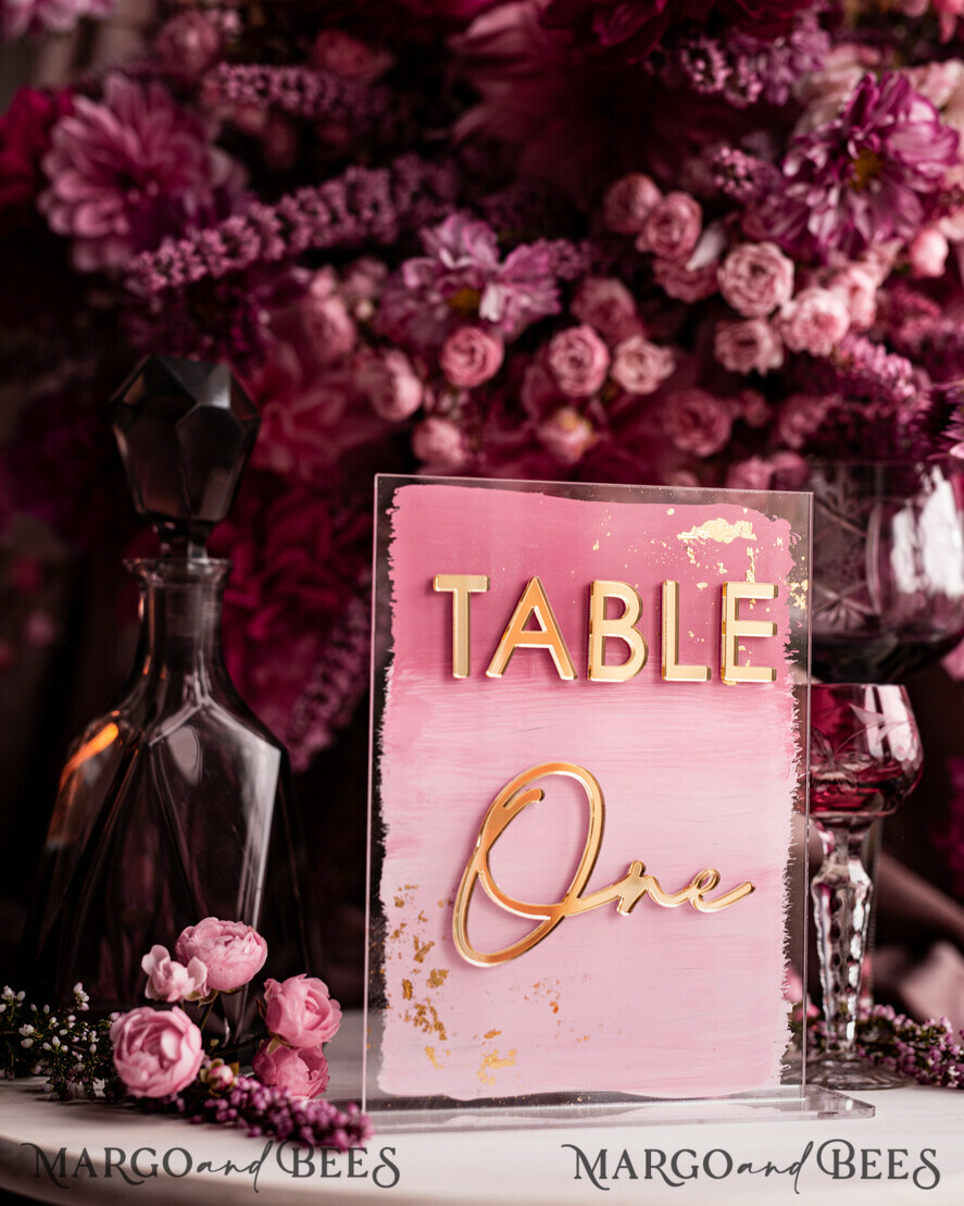 TISCHDEKORATIONSCHILDER   Acryl Tischdekoration Zahlen Blassrosa Ombre Mauve Acryl Tischnummern, Staubige Rose Acryl & goldenes Schild, Goldene Pflaume Plexi Tischnummern, Luxuriöse lila Hochzeits Tischdekoration, Hochzeit Beschilderung