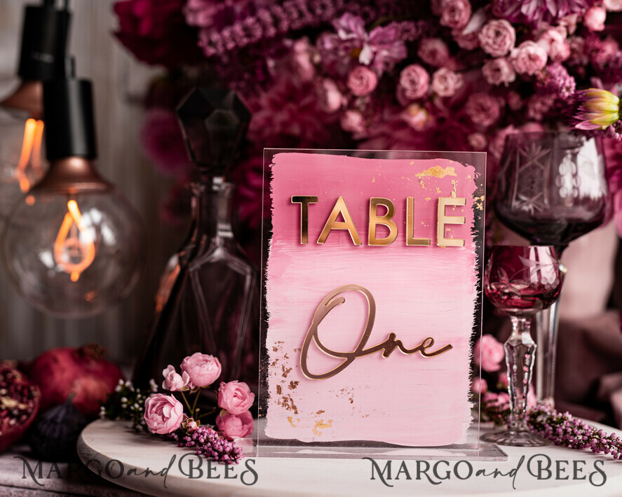 TISCHDEKORATIONSCHILDER   Acryl Tischdekoration Zahlen Blassrosa Ombre Mauve Acryl Tischnummern, Staubige Rose Acryl & goldenes Schild, Goldene Pflaume Plexi Tischnummern, Luxuriöse lila Hochzeits Tischdekoration, Hochzeit Beschilderung