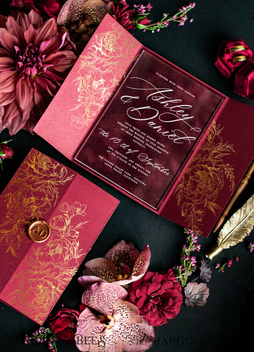 PROBENNEHMESERVICE
 Muster
 Burgunder Samt Hochzeits Einladung Muster, luxuriöses Glamour handgemachtes Muster Set, Goldene Blumen Hochzeits Einladung, Kastanienbraune Einladungen Muster Set