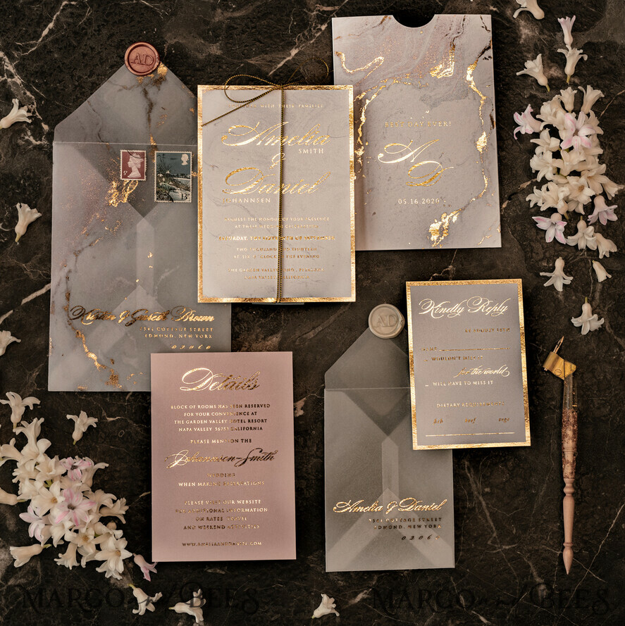 PROBENNEHMESERVICE
 Muster
 Gold-Marmor-Hochzeitseinladung Muster, luxuriöses handgefertigtes Musterset, Goldfolien-Hochzeitseinladung, Pocket-Marmor-Goldeinladungen Musterset