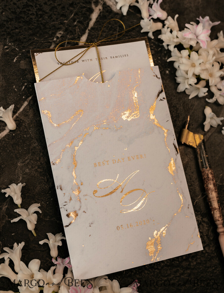 PROBENNEHMESERVICE
 Muster
 Gold-Marmor-Hochzeitseinladung Muster, luxuriöses handgefertigtes Musterset, Goldfolien-Hochzeitseinladung, Pocket-Marmor-Goldeinladungen Musterset