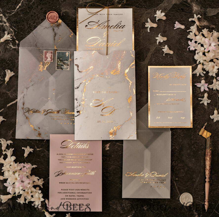 PROBENNEHMESERVICE
 Muster
 Gold-Marmor-Hochzeitseinladung Muster, luxuriöses handgefertigtes Musterset, Goldfolien-Hochzeitseinladung, Pocket-Marmor-Goldeinladungen Musterset