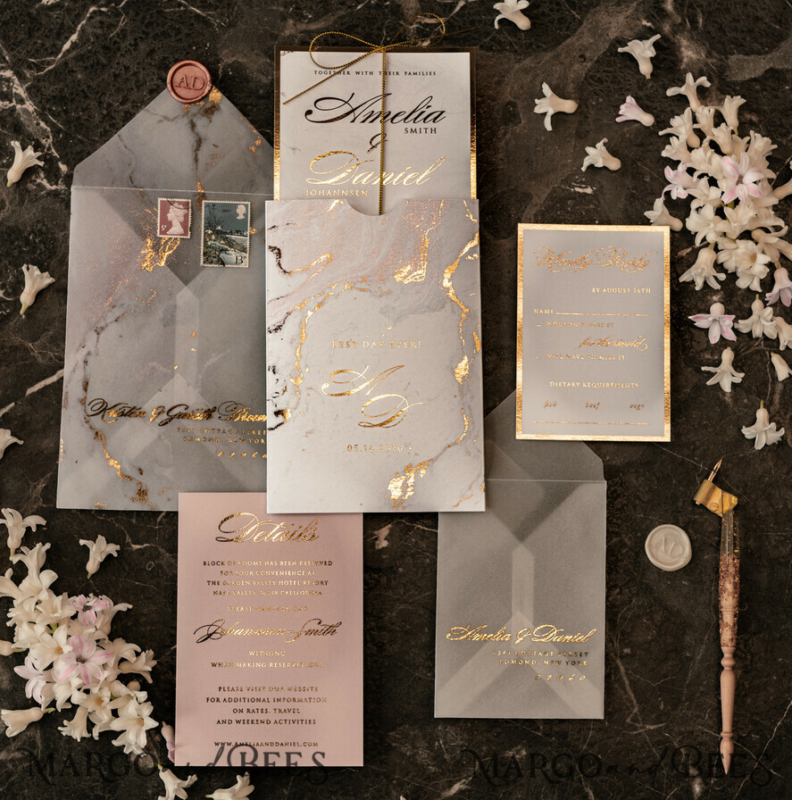 PROBENNEHMESERVICE
 Muster
 Gold-Marmor-Hochzeitseinladung Muster, luxuriöses handgefertigtes Musterset, Goldfolien-Hochzeitseinladung, Pocket-Marmor-Goldeinladungen Musterset