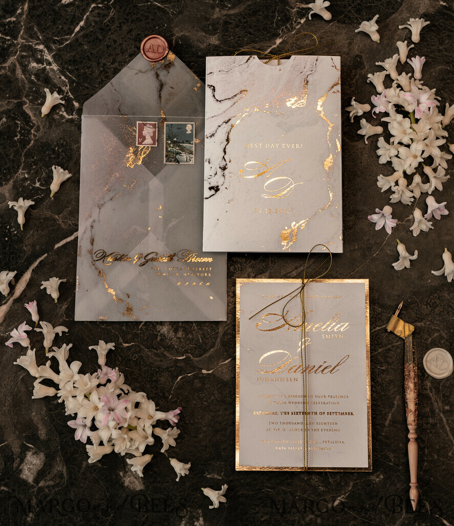 PROBENNEHMESERVICE
 Muster
 Gold-Marmor-Hochzeitseinladung Muster, luxuriöses handgefertigtes Musterset, Goldfolien-Hochzeitseinladung, Pocket-Marmor-Goldeinladungen Musterset