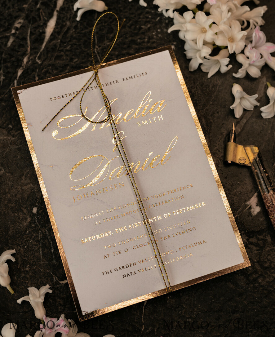 PROBENNEHMESERVICE
 Muster
 Gold-Marmor-Hochzeitseinladung Muster, luxuriöses handgefertigtes Musterset, Goldfolien-Hochzeitseinladung, Pocket-Marmor-Goldeinladungen Musterset