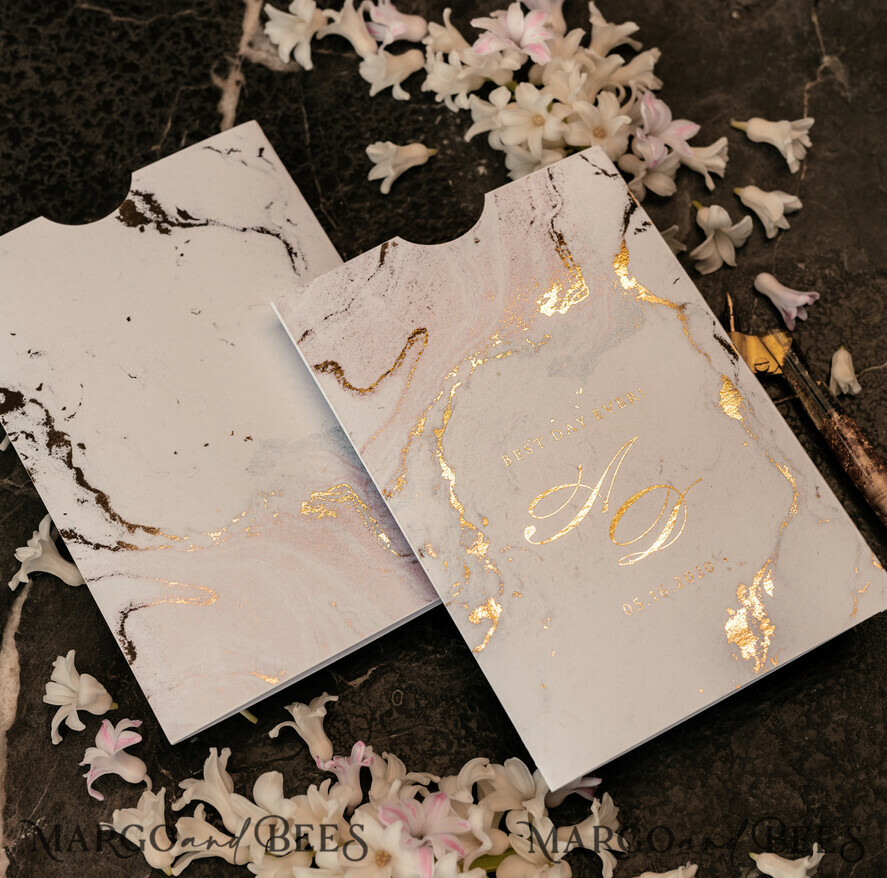 PROBENNEHMESERVICE
 Muster
 Gold-Marmor-Hochzeitseinladung Muster, luxuriöses handgefertigtes Musterset, Goldfolien-Hochzeitseinladung, Pocket-Marmor-Goldeinladungen Musterset