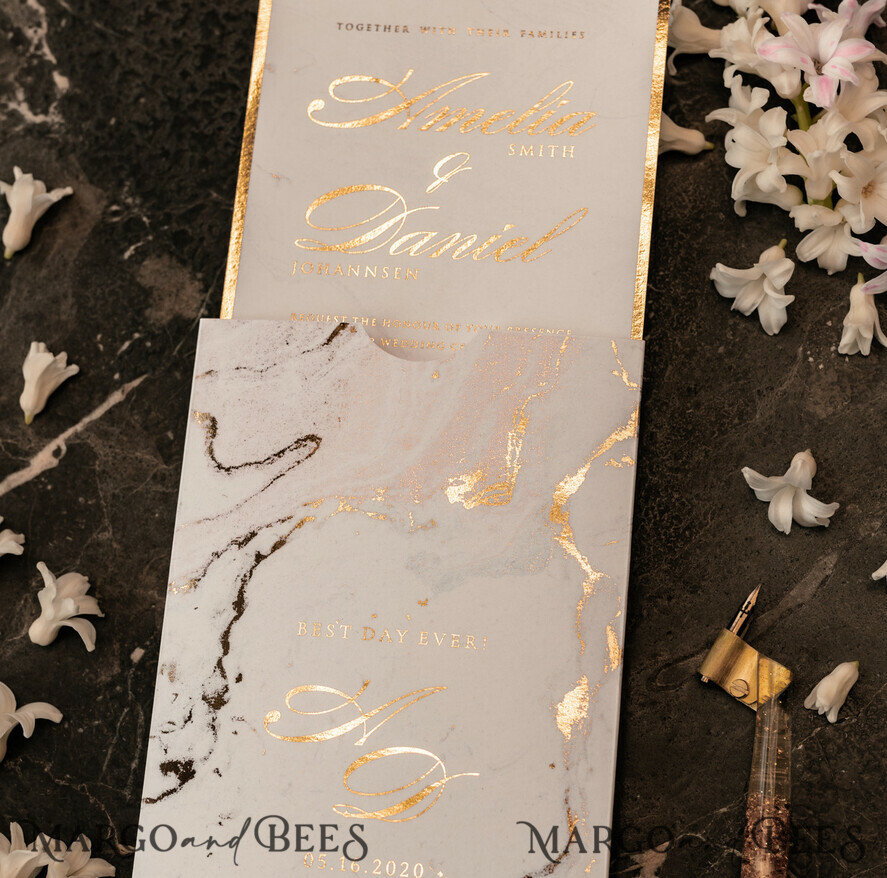 PROBENNEHMESERVICE
 Muster
 Gold-Marmor-Hochzeitseinladung Muster, luxuriöses handgefertigtes Musterset, Goldfolien-Hochzeitseinladung, Pocket-Marmor-Goldeinladungen Musterset