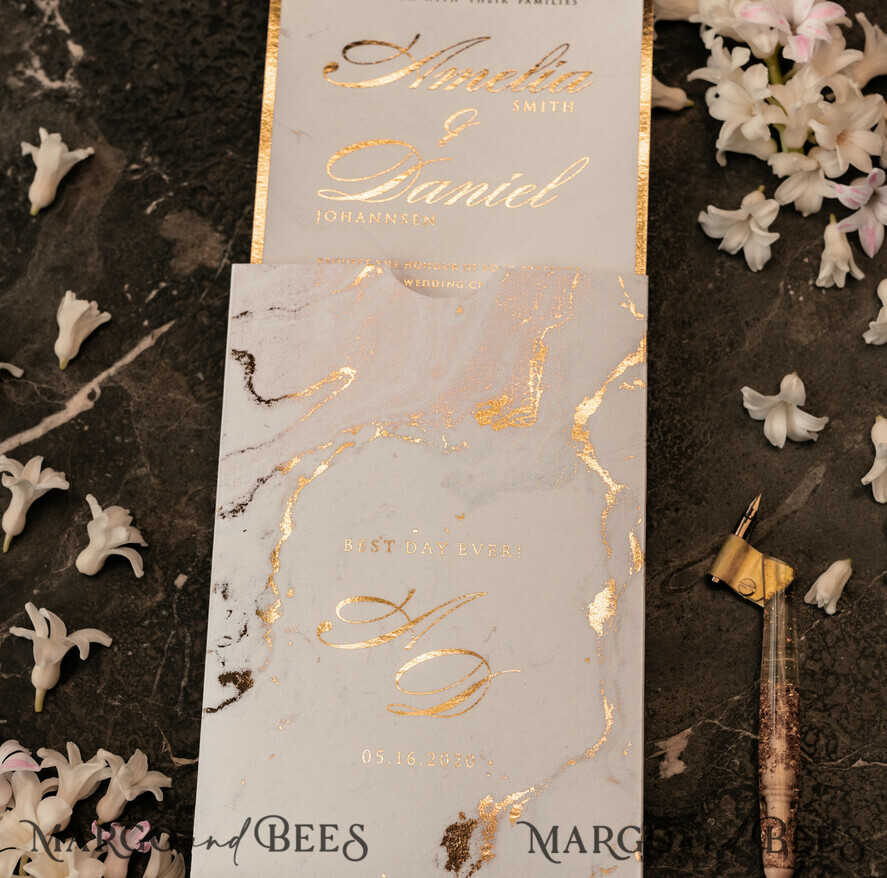 PROBENNEHMESERVICE
 Muster
 Gold-Marmor-Hochzeitseinladung Muster, luxuriöses handgefertigtes Musterset, Goldfolien-Hochzeitseinladung, Pocket-Marmor-Goldeinladungen Musterset