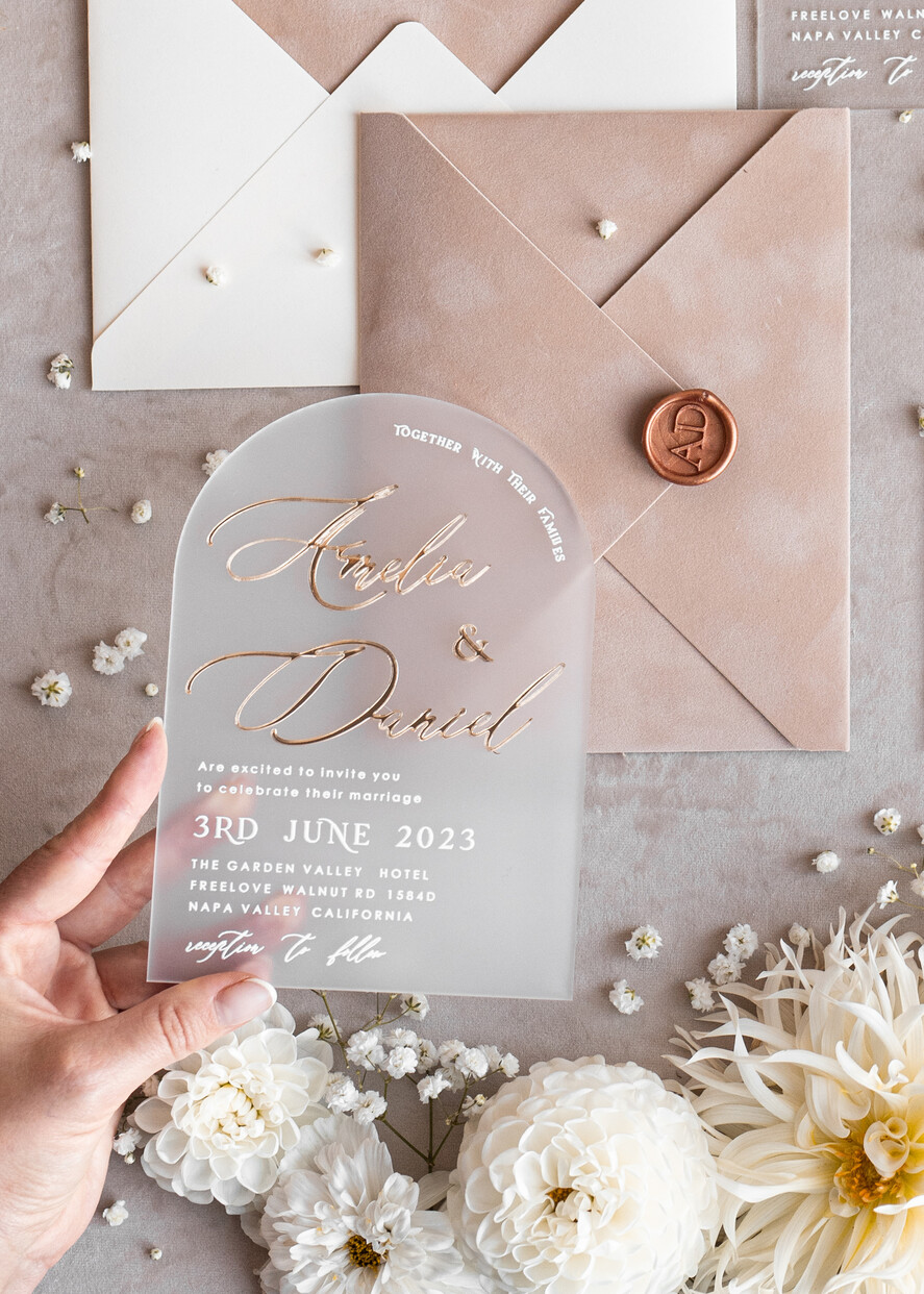PROBENNEHMESERVICE
 Muster
 Elfenbein und Beige Hochzeitsinvitation Beispiel, handgemachtes Proben-Set, Beige Samt und Goldfolien Hochzeitsinvitation, klare Acryl Gold Einladungen Proben-Set