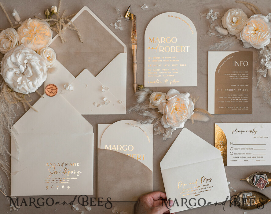 PROBENNEHMESERVICE
 Muster
 Elfenbein Gold Hochzeits Einladung Muster, handgemachtes Musterset, Beige Samt und Goldfolie Hochzeits Einladung, Glamour Einladungen Musterset