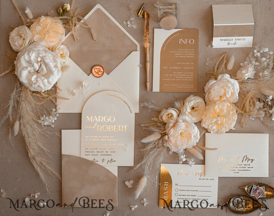 PROBENNEHMESERVICE
 Muster
 Elfenbein Gold Hochzeits Einladung Muster, handgemachtes Musterset, Beige Samt und Goldfolie Hochzeits Einladung, Glamour Einladungen Musterset