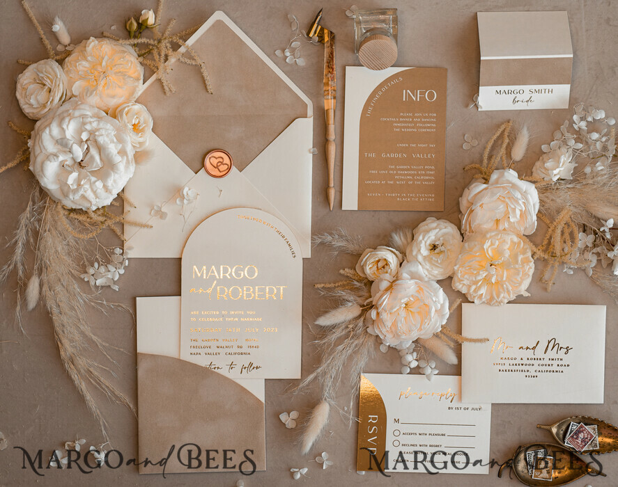 PROBENNEHMESERVICE
 Muster
 Elfenbein Gold Hochzeits Einladung Muster, handgemachtes Musterset, Beige Samt und Goldfolie Hochzeits Einladung, Glamour Einladungen Musterset