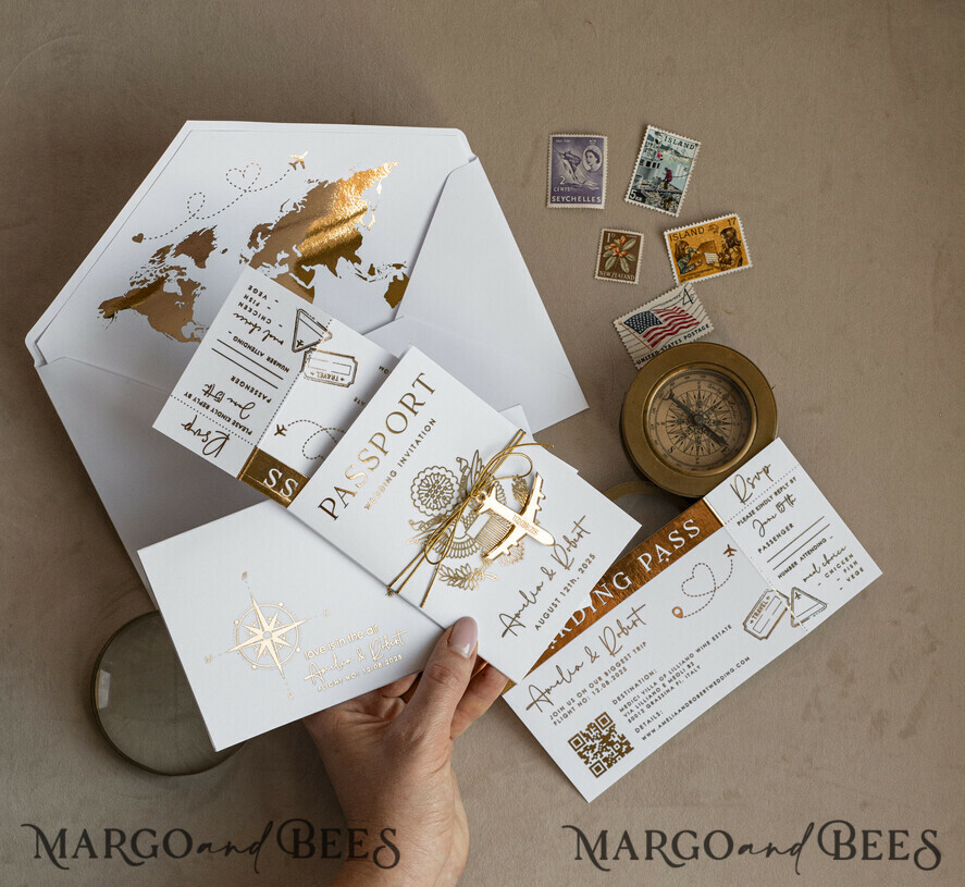 PROBENNEHMESERVICE
 Muster
 Beispiel, maßgeschneiderte Musterset Gold Weiße Reisepass Hochzeitsinvitation, Goldene Hochzeitskarten Bordkarte, Maßgeschneiderte Reisepass Hochzeitskarten im Ausland, Hochzeitskarten für Reiseziele in Griechenland, Reise-Karten Hochzeitsstationery, Weltkarte.