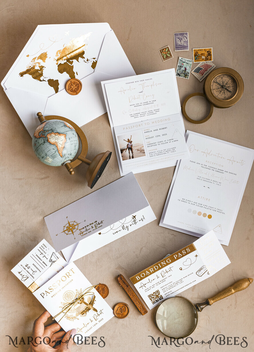 PROBENNEHMESERVICE
 Muster
 Beispiel, maßgeschneiderte Musterset Gold Weiße Reisepass Hochzeitsinvitation, Goldene Hochzeitskarten Bordkarte, Maßgeschneiderte Reisepass Hochzeitskarten im Ausland, Hochzeitskarten für Reiseziele in Griechenland, Reise-Karten Hochzeitsstationery, Weltkarte.