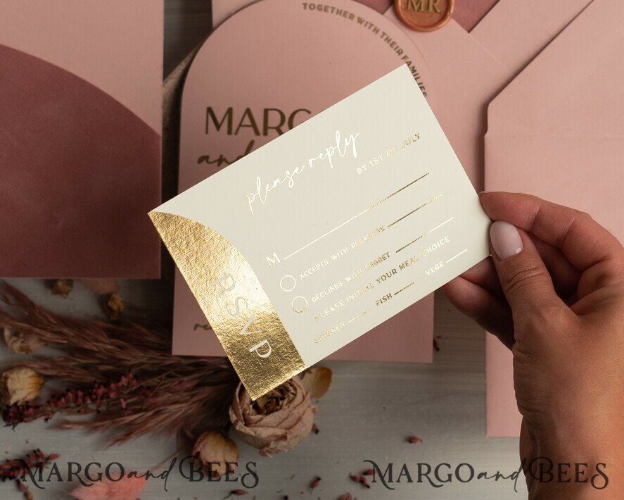 PROBENNEHMESERVICE
 Muster
 Staubige Rose Hochzeits-Einladung Muster, handgemachtes Muster-Set, rosa Samt und Goldfolie Hochzeits-Einladung, zartrosa Einladungen Muster-Set