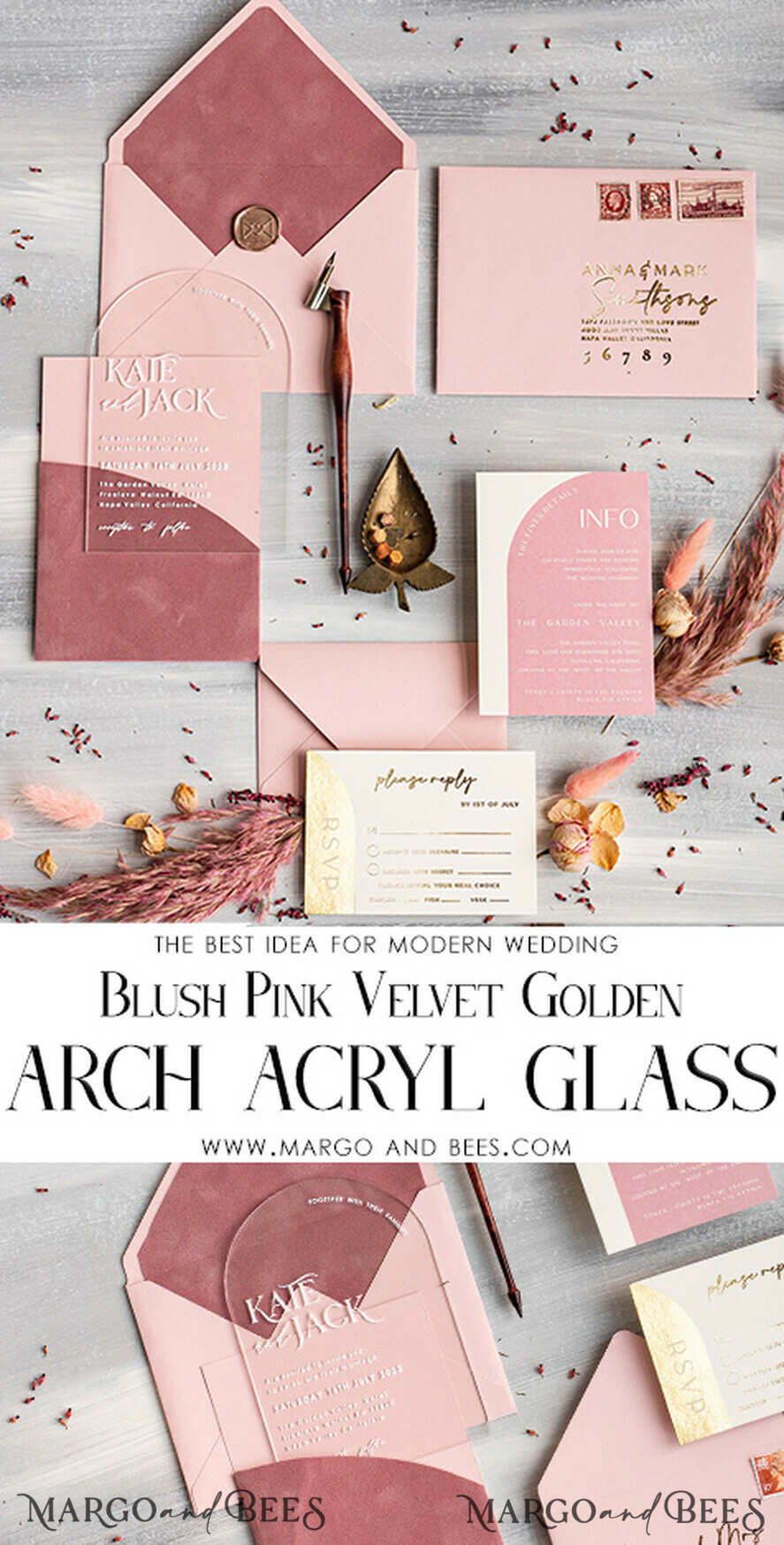 PROBENNEHMESERVICE
 Muster
 Staubige Rose Hochzeits Einladung Muster, handgemachtes Muster Set, rosa Samt und Goldfolie Hochzeitsinvitation, klare Acryl Einladungen Muster Set