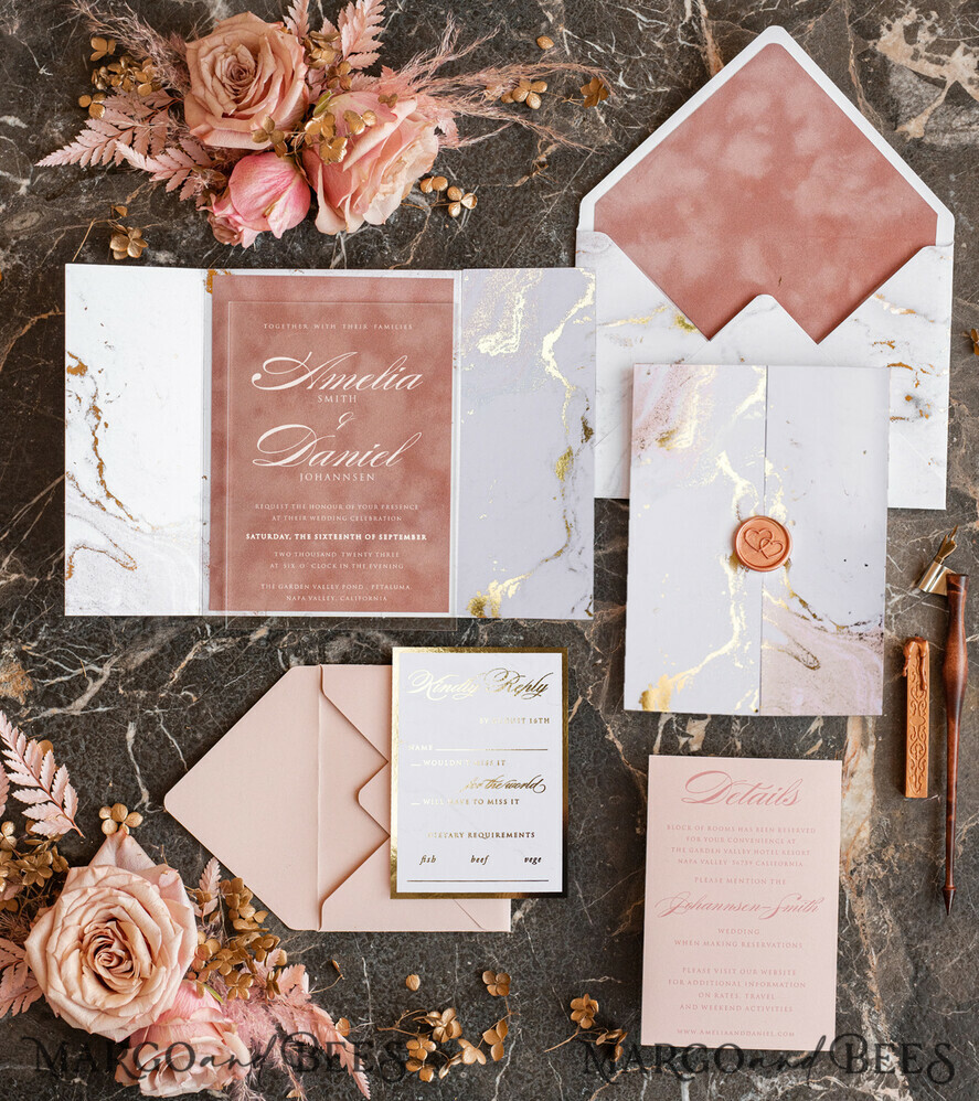 PROBENNEHMESERVICE
 Muster
 Gold Marmor Hochzeitseinladung Muster, handgemachtes Muster-Set, staubige Rose Samt Hochzeitseinladung Muster, weiße und goldene Acryl-Einladungen Muster-Set