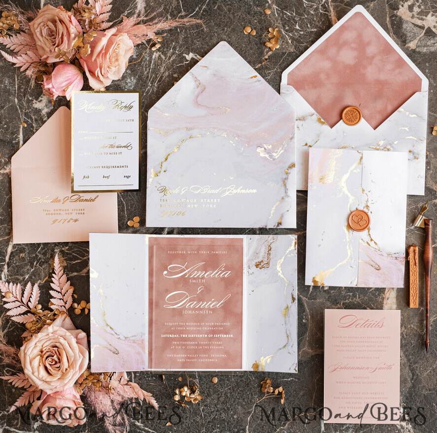 PROBENNEHMESERVICE
 Muster
 Gold Marmor Hochzeitseinladung Muster, handgemachtes Muster-Set, staubige Rose Samt Hochzeitseinladung Muster, weiße und goldene Acryl-Einladungen Muster-Set
