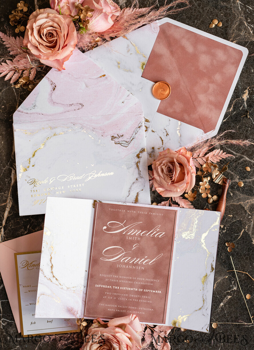 PROBENNEHMESERVICE
 Muster
 Gold Marmor Hochzeitseinladung Muster, handgemachtes Muster-Set, staubige Rose Samt Hochzeitseinladung Muster, weiße und goldene Acryl-Einladungen Muster-Set