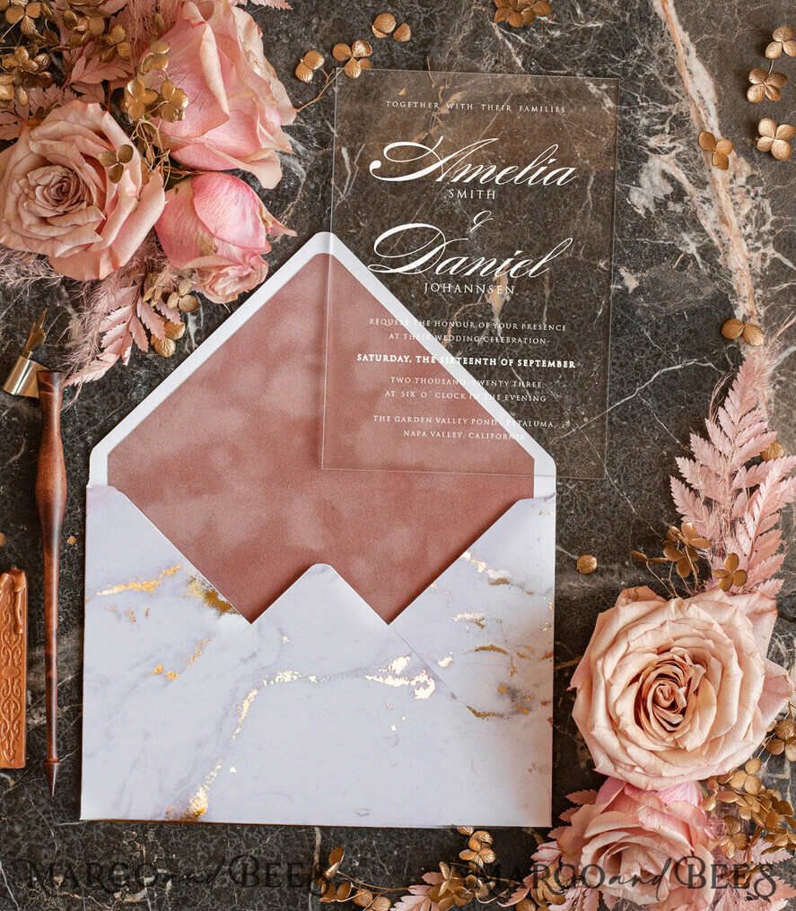 PROBENNEHMESERVICE
 Muster
 Gold Marmor Hochzeitseinladung Muster, handgemachtes Muster-Set, staubige Rose Samt Hochzeitseinladung Muster, weiße und goldene Acryl-Einladungen Muster-Set
