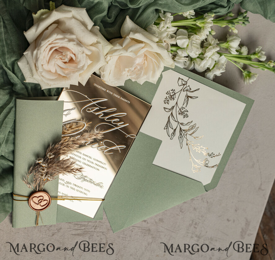PROBENNEHMESERVICE
 Muster
 Muster, maßgeschneiderte Mustersatz Sage Green Mirror Gold Hochzeitseinladungen, elegante Gartenhochzeitskarten, Grünpflanzen-Acryl-Hochzeitseinladungen, Spiegelgold-Plexi-Hochzeitseinladungssatz