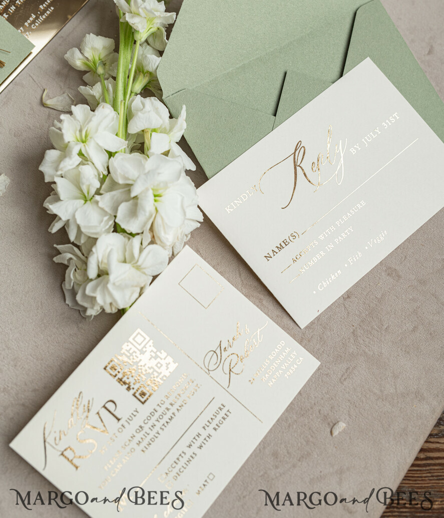 PROBENNEHMESERVICE
 Muster
 Muster, maßgeschneiderte Mustersatz Sage Green Mirror Gold Hochzeitseinladungen, elegante Gartenhochzeitskarten, Grünpflanzen-Acryl-Hochzeitseinladungen, Spiegelgold-Plexi-Hochzeitseinladungssatz