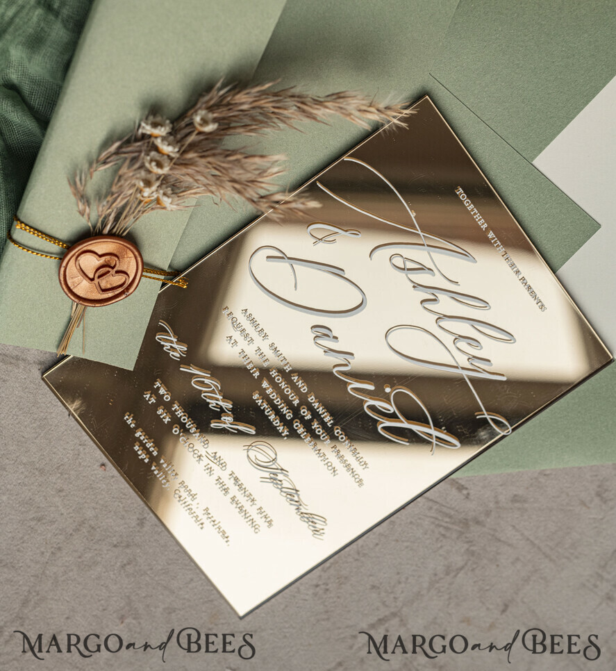 PROBENNEHMESERVICE
 Muster
 Muster, maßgeschneiderte Mustersatz Sage Green Mirror Gold Hochzeitseinladungen, elegante Gartenhochzeitskarten, Grünpflanzen-Acryl-Hochzeitseinladungen, Spiegelgold-Plexi-Hochzeitseinladungssatz