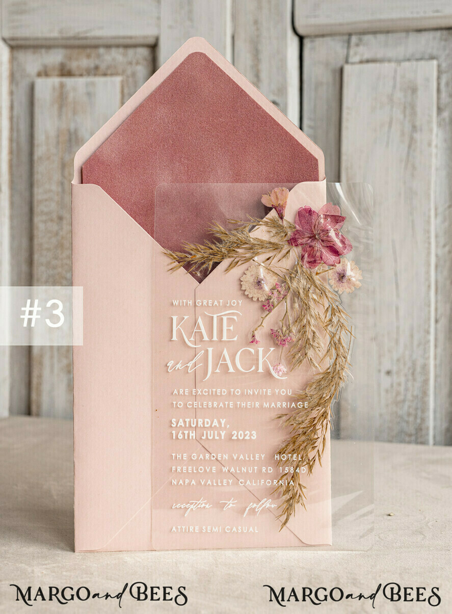 PROBENNEHMESERVICE
 Muster
 Beispiel Blush Pink Klare echte Blumen Hochzeitseinladungen, elegante Garten Pampasgras Hochzeitseinladungen, Samt transparente Hochzeitseinladungen, Hochzeitseinladung Suite