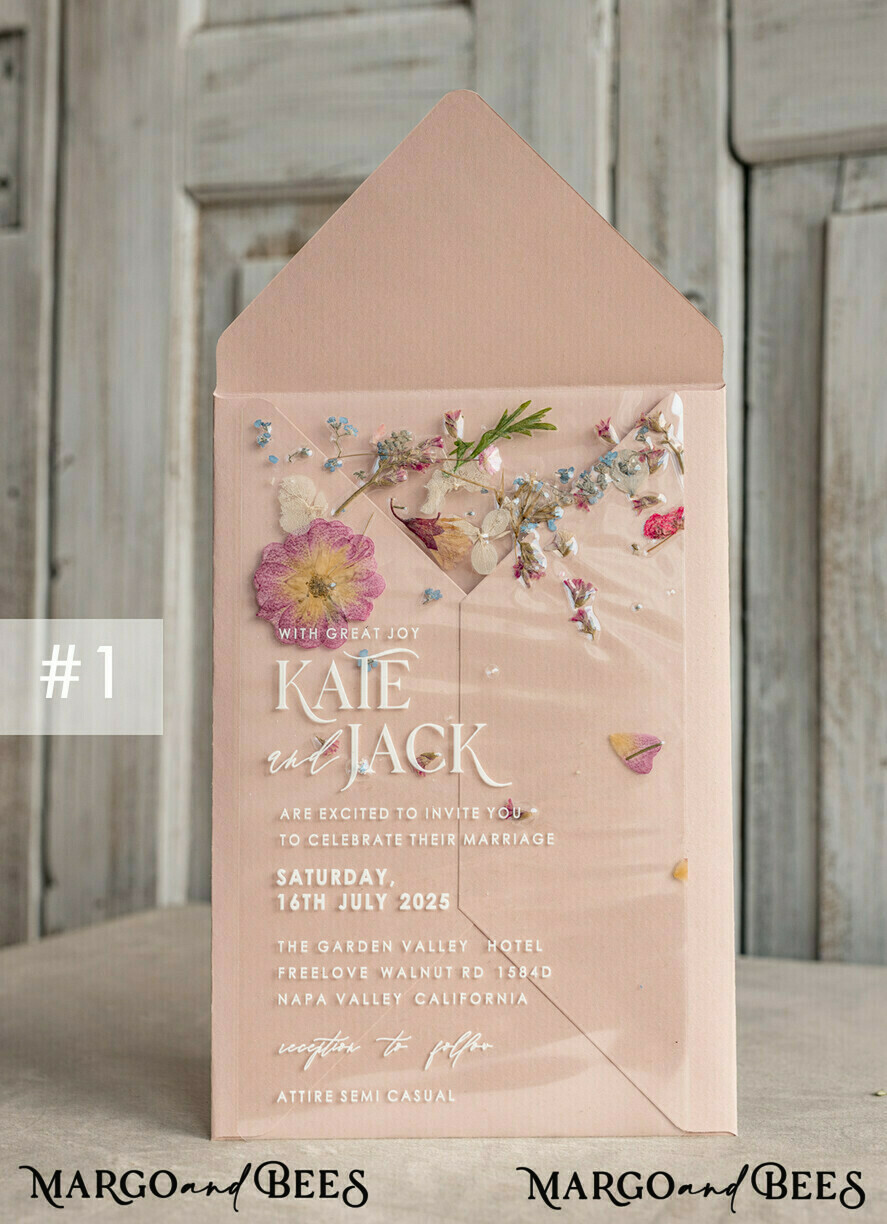 PROBENNEHMESERVICE
 Muster
 Beispiel Blush Pink Klare echte Blumen Hochzeitseinladungen, elegante Garten Pampasgras Hochzeitseinladungen, Samt transparente Hochzeitseinladungen, Hochzeitseinladung Suite