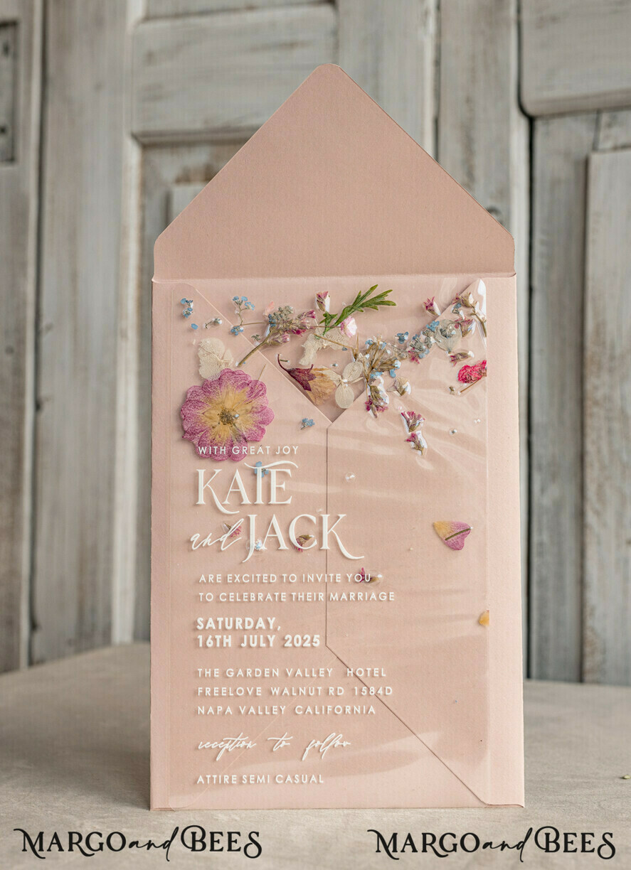 PROBENNEHMESERVICE
 Muster
 Beispiel Blush Pink Klare echte Blumen Hochzeitseinladungen, elegante Garten Pampasgras Hochzeitseinladungen, Samt transparente Hochzeitseinladungen, Hochzeitseinladung Suite