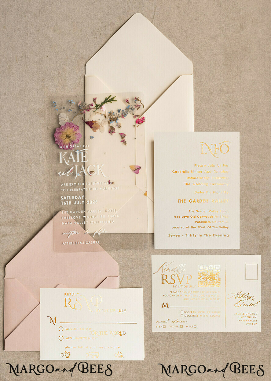 PROBENNEHMESERVICE
 Muster
 Beispiel Blush Pink Klare echte Blumen Hochzeitseinladungen, elegante Garten Pampasgras Hochzeitseinladungen, Samt transparente Hochzeitseinladungen, Hochzeitseinladung Suite