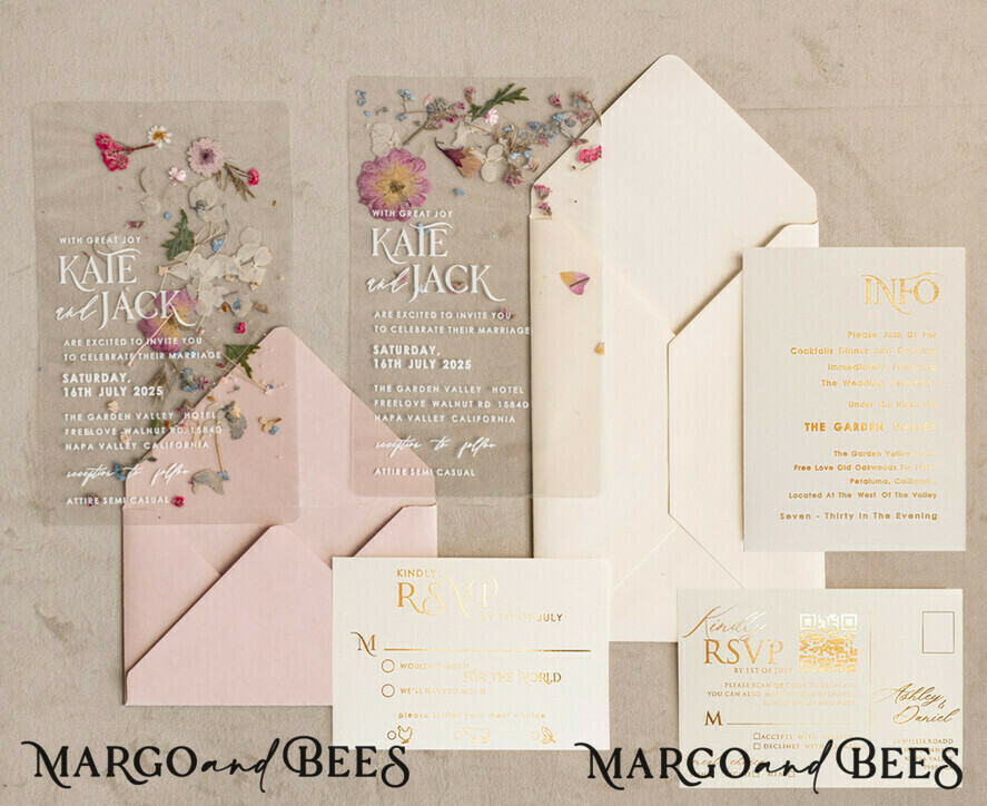 PROBENNEHMESERVICE
 Muster
 Beispiel Blush Pink Klare echte Blumen Hochzeitseinladungen, elegante Garten Pampasgras Hochzeitseinladungen, Samt transparente Hochzeitseinladungen, Hochzeitseinladung Suite