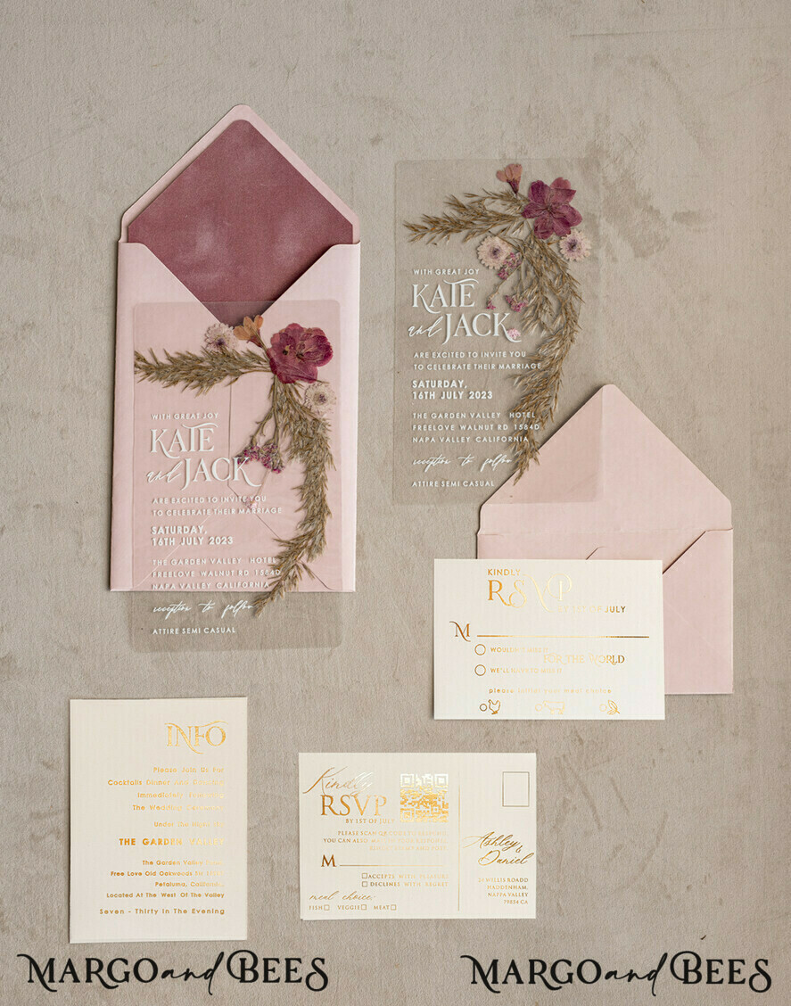 PROBENNEHMESERVICE
 Muster
 Beispiel Blush Pink Klare echte Blumen Hochzeitseinladungen, elegante Garten Pampasgras Hochzeitseinladungen, Samt transparente Hochzeitseinladungen, Hochzeitseinladung Suite