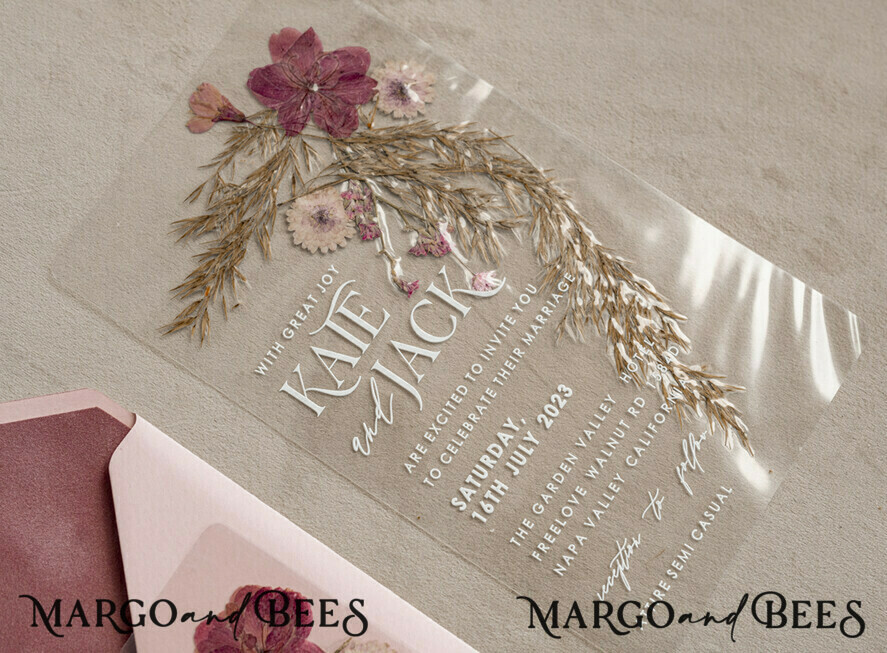 PROBENNEHMESERVICE
 Muster
 Beispiel Blush Pink Klare echte Blumen Hochzeitseinladungen, elegante Garten Pampasgras Hochzeitseinladungen, Samt transparente Hochzeitseinladungen, Hochzeitseinladung Suite