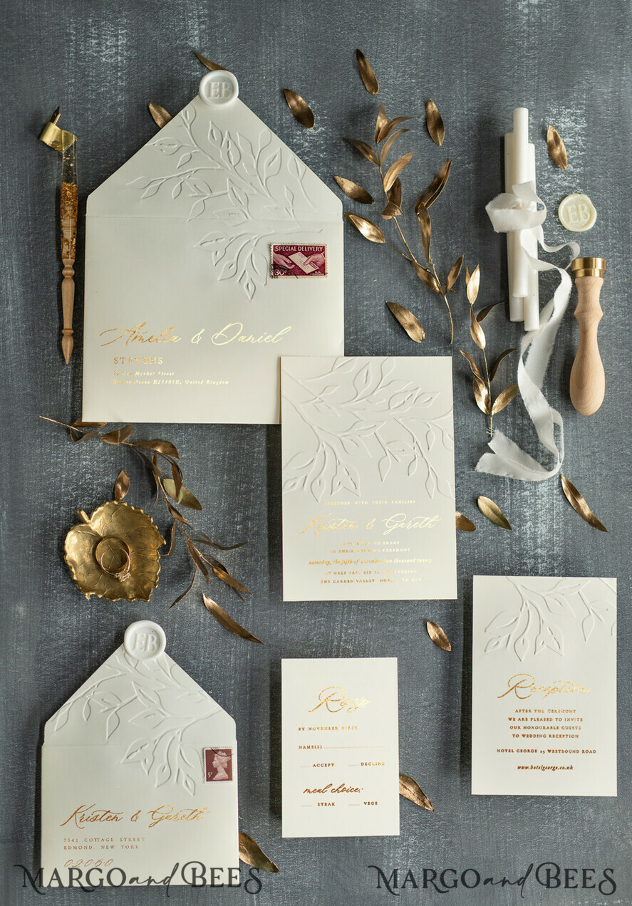PROBENNEHMESERVICE
 Muster
 Gold Präge-Hochzeitseinladung Muster, handgefertigtes Muster-Set, Elfenbein und Goldfolien-Hochzeitseinladung, Elfenbein Einladungen Muster-Set.
