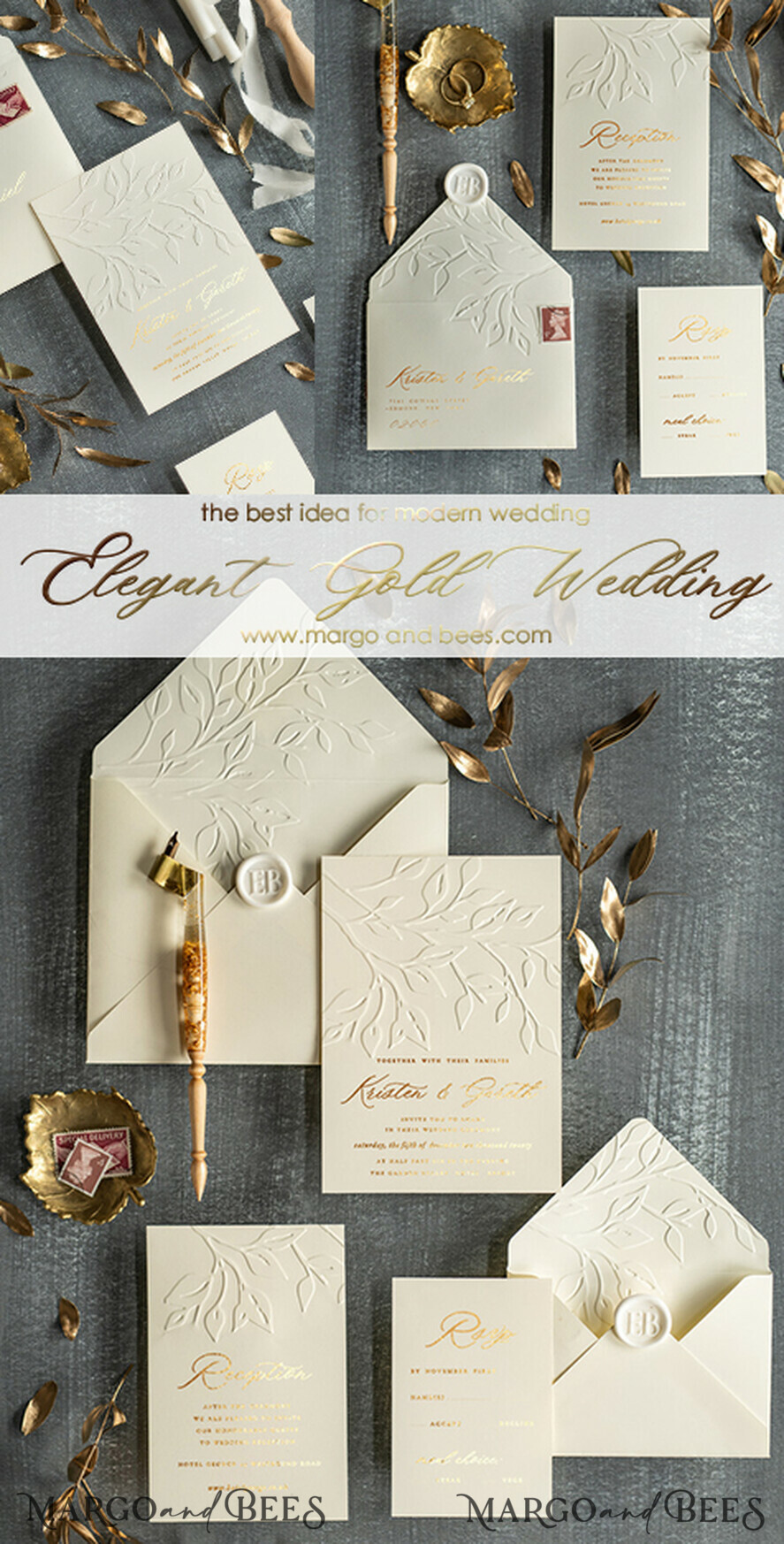 PROBENNEHMESERVICE
 Muster
 Gold Präge-Hochzeitseinladung Muster, handgefertigtes Muster-Set, Elfenbein und Goldfolien-Hochzeitseinladung, Elfenbein Einladungen Muster-Set.