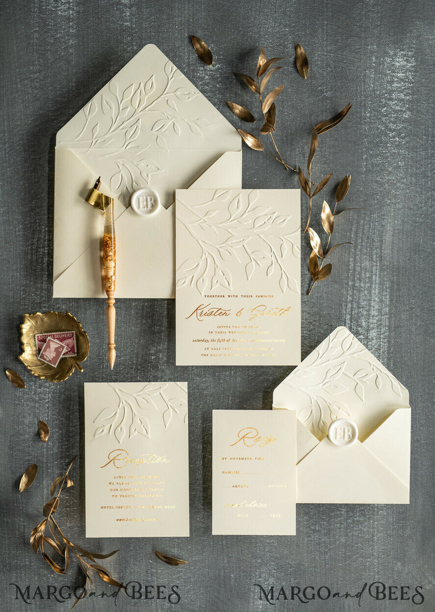 PROBENNEHMESERVICE
 Muster
 Gold Präge-Hochzeitseinladung Muster, handgefertigtes Muster-Set, Elfenbein und Goldfolien-Hochzeitseinladung, Elfenbein Einladungen Muster-Set.