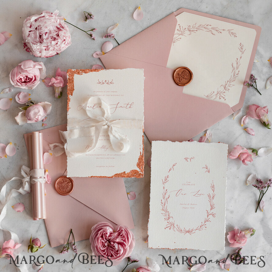 PROBENNEHMESERVICE
 Muster
 Staubige Rose Hochzeitseinladung Muster, handgemachtes Musterset, Blumenkranz Hochzeitseinladung, Pinke Wildblumen Einladungen Musterset