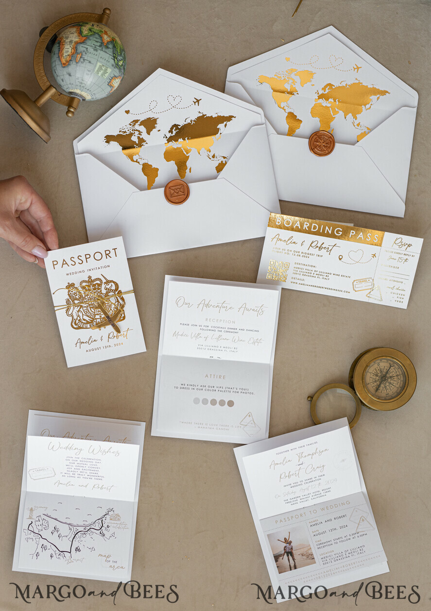 PROBENNEHMESERVICE
 Muster
 Muster, maßgeschneiderte Musterset Weiße Goldene Reisepass Hochzeitsinvitation, Goldene Flugzeug Hochzeitskarten Boarding Pass, Reisepass Hochzeitskarten im Ausland, Destination Hochzeits-Einladungen, Reisekarten Hochzeitsstationery, Boarding Pass Einladungen