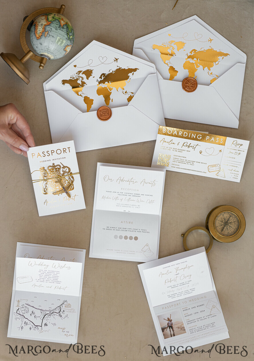 PROBENNEHMESERVICE
 Muster
 Muster, maßgeschneiderte Musterset Weiße Goldene Reisepass Hochzeitsinvitation, Goldene Flugzeug Hochzeitskarten Boarding Pass, Reisepass Hochzeitskarten im Ausland, Destination Hochzeits-Einladungen, Reisekarten Hochzeitsstationery, Boarding Pass Einladungen