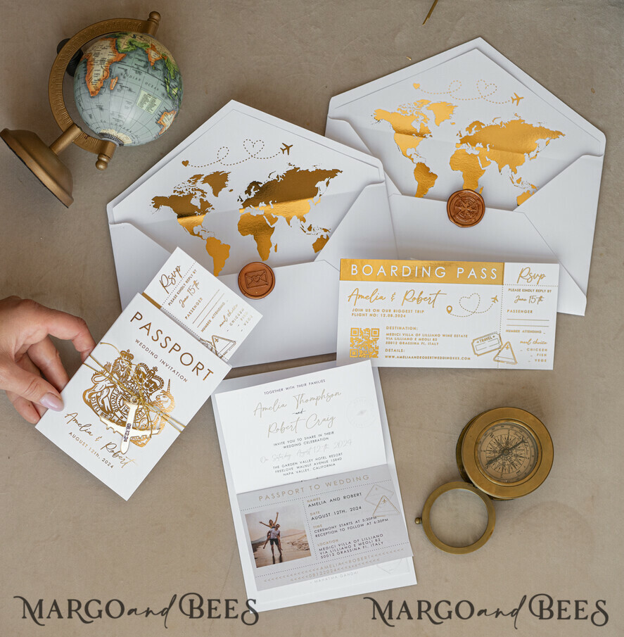 PROBENNEHMESERVICE
 Muster
 Muster, maßgeschneiderte Musterset Weiße Goldene Reisepass Hochzeitsinvitation, Goldene Flugzeug Hochzeitskarten Boarding Pass, Reisepass Hochzeitskarten im Ausland, Destination Hochzeits-Einladungen, Reisekarten Hochzeitsstationery, Boarding Pass Einladungen