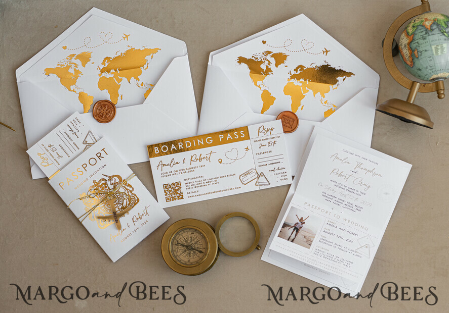 PROBENNEHMESERVICE
 Muster
 Muster, maßgeschneiderte Musterset Weiße Goldene Reisepass Hochzeitsinvitation, Goldene Flugzeug Hochzeitskarten Boarding Pass, Reisepass Hochzeitskarten im Ausland, Destination Hochzeits-Einladungen, Reisekarten Hochzeitsstationery, Boarding Pass Einladungen