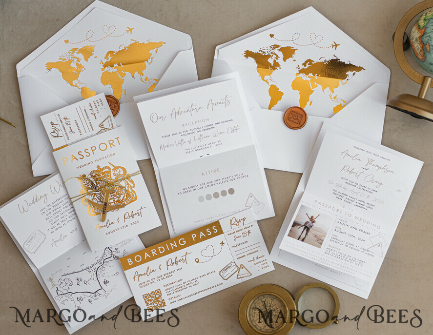PROBENNEHMESERVICE
 Muster
 Muster, maßgeschneiderte Musterset Weiße Goldene Reisepass Hochzeitsinvitation, Goldene Flugzeug Hochzeitskarten Boarding Pass, Reisepass Hochzeitskarten im Ausland, Destination Hochzeits-Einladungen, Reisekarten Hochzeitsstationery, Boarding Pass Einladungen